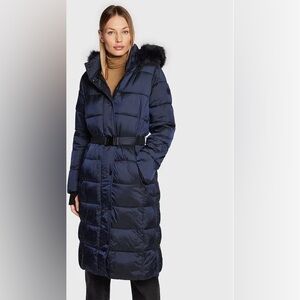 Michael Kors Long Navy Down Puffer Coat XS Fur Hood Belted Winter Logo